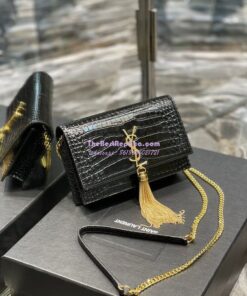 Replica YSL Saint Laurent Kate Chain Wallet With Tassel In Crocodile-embossed Shiny Leather 452159 Black Gold Hardware 2