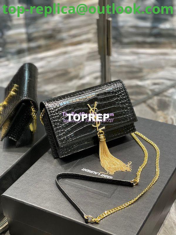 Replica YSL Saint Laurent Kate Chain Wallet With Tassel In Crocodile-embossed Shiny Leather 452159 Black Gold Hardware 2 Replica YSL Saint Laurent Kate Chain Wallet With Tassel In Crocodile-embossed Shiny Leather 452159 Black Gold Hardware 2