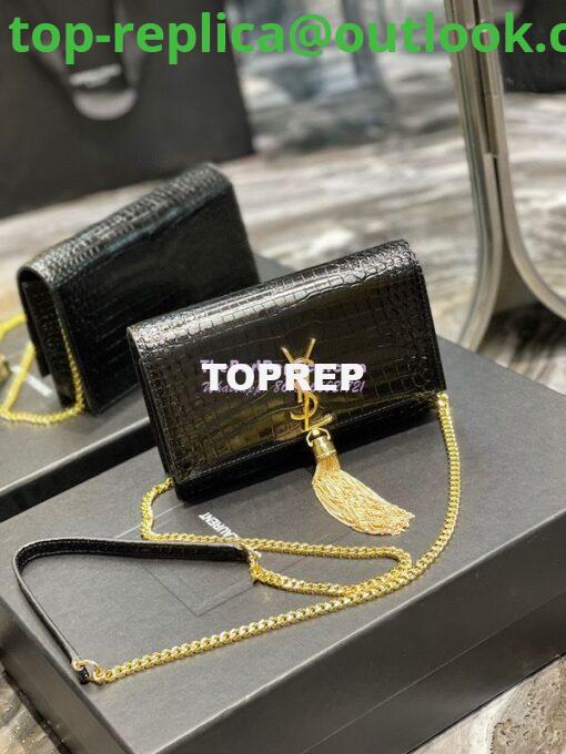 Replica YSL Saint Laurent Kate Chain Wallet With Tassel In Crocodile-embossed Shiny Leather 452159 Black Gold Hardware 3