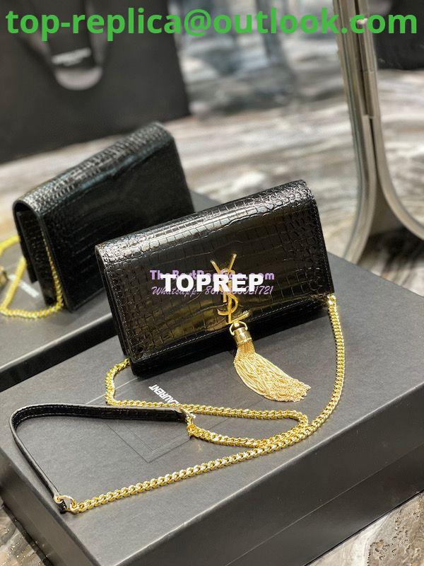 Replica YSL Saint Laurent Kate Chain Wallet With Tassel In Crocodile-embossed Shiny Leather 452159 Black Gold Hardware 3 Replica YSL Saint Laurent Kate Chain Wallet With Tassel In Crocodile-embossed Shiny Leather 452159 Black Gold Hardware 3