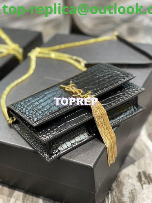 Replica YSL Saint Laurent Kate Chain Wallet With Tassel In Crocodile-embossed Shiny Leather 452159 Black Gold Hardware 7