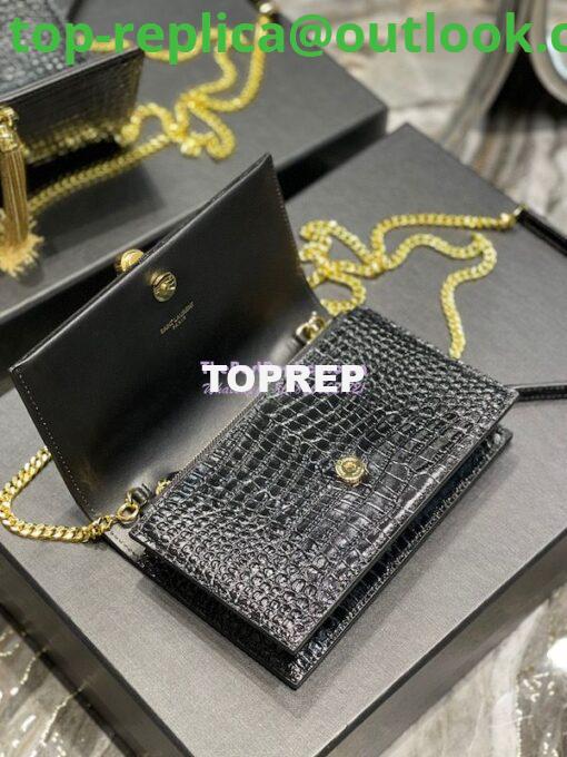 Replica YSL Saint Laurent Kate Chain Wallet With Tassel In Crocodile-embossed Shiny Leather 452159 Black Gold Hardware 8