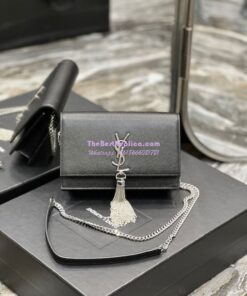 Replica YSL Saint Laurent Kate Chain Wallet With Tassel In Grain De Poudre Embossed Leather 452159 Black Silver Hardware