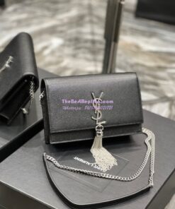 Replica YSL Saint Laurent Kate Chain Wallet With Tassel In Grain De Poudre Embossed Leather 452159 Black Silver Hardware 2