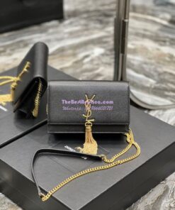 Replica YSL Saint Laurent Kate Chain Wallet With Tassel In Grain De Poudre Embossed Leather 452159 Black Gold Hardware