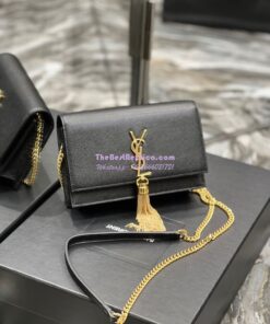 Replica YSL Saint Laurent Kate Chain Wallet With Tassel In Grain De Poudre Embossed Leather 452159 Black Gold Hardware 2