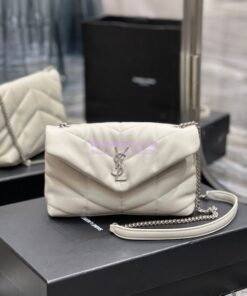 Replica YSL Saint Laurent Mini Loulou Puffer Toy Bag In Quilted Lambskin Blanc in Silver Hardware