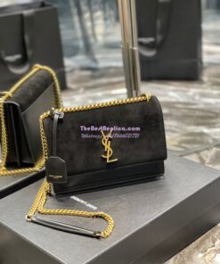 Replica YSL Saint Laurent Medium Sunset Satchel In Suede and Smooth Leather 442906 Black