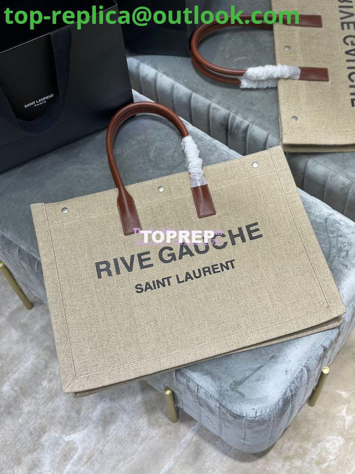 Replica YSL Saint Laurent Rive Gauche Tote Bag In Linen And Leather 499290 Brown Blanc Replica YSL Saint Laurent Rive Gauche Tote Bag In Linen And Leather 499290 Brown Blanc