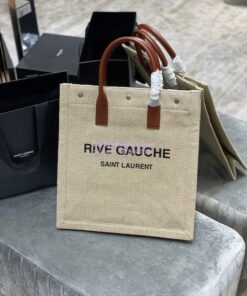 Replica YSL Saint Laurent Rive Gauche N/s Shopping Bag In Linen And Cotton 631682 Brown Blanc