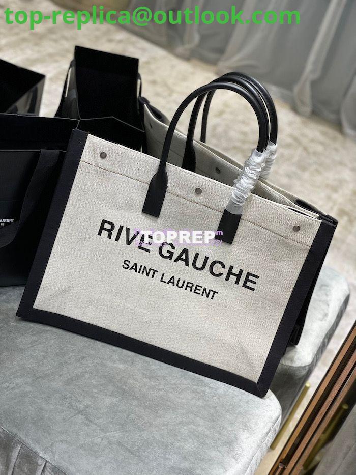 Replica YSL Saint Laurent Rive Gauche Tote Bag In Linen And Leather 499290 Black White Replica YSL Saint Laurent Rive Gauche Tote Bag In Linen And Leather 499290 Black White