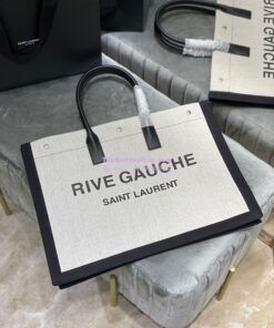 Replica YSL Saint Laurent Rive Gauche Tote Bag In Linen And Leather 499290 Black White 2