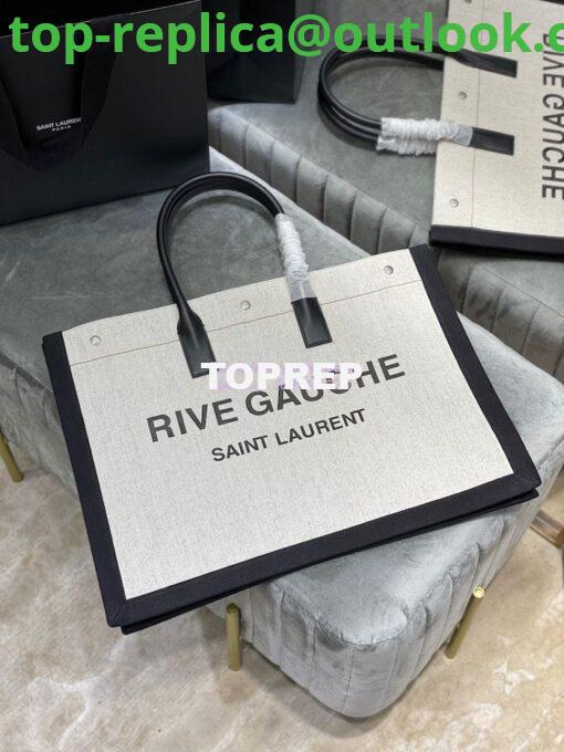 Replica YSL Saint Laurent Rive Gauche Tote Bag In Linen And Leather 499290 Black White 2