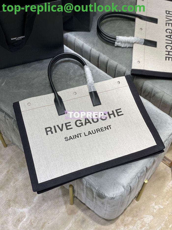 Replica YSL Saint Laurent Rive Gauche Tote Bag In Linen And Leather 499290 Black White 2 Replica YSL Saint Laurent Rive Gauche Tote Bag In Linen And Leather 499290 Black White 2