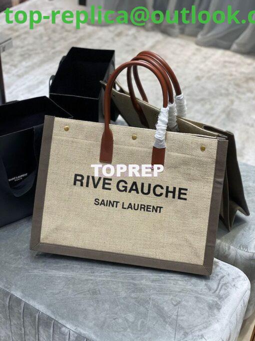 Replica YSL Saint Laurent Rive Gauche Tote Bag In Linen And Leather 499290 Brown