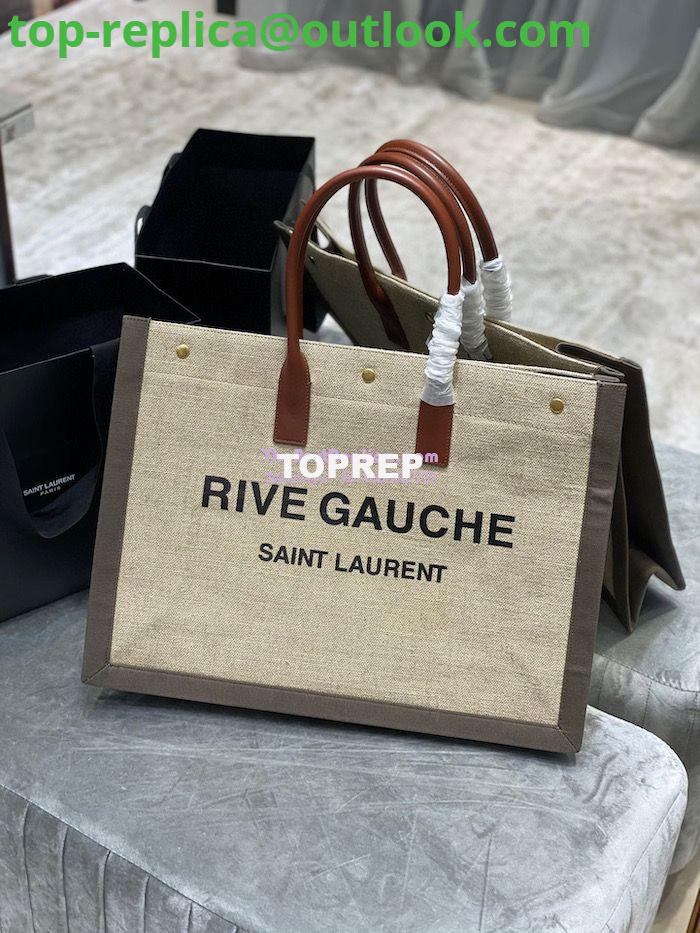 Replica YSL Saint Laurent Rive Gauche Tote Bag In Linen And Leather 499290 Brown Replica YSL Saint Laurent Rive Gauche Tote Bag In Linen And Leather 499290 Brown