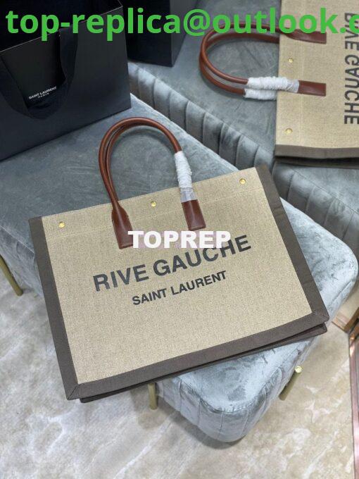 Replica YSL Saint Laurent Rive Gauche Tote Bag In Linen And Leather 499290 Brown 2