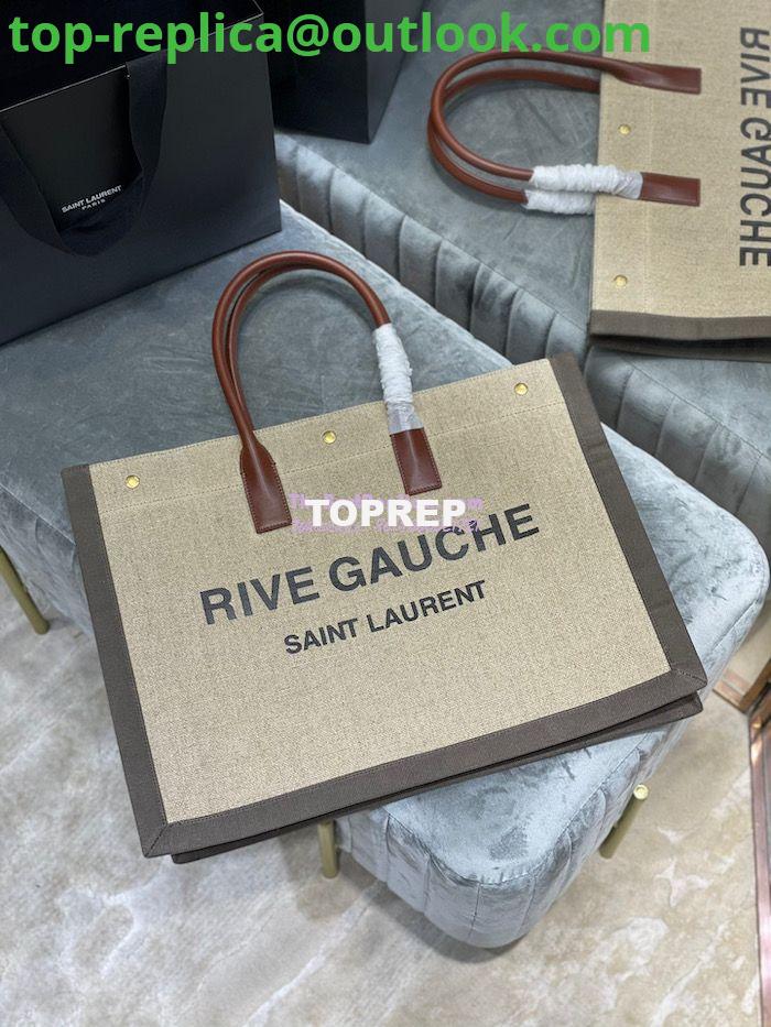 Replica YSL Saint Laurent Rive Gauche Tote Bag In Linen And Leather 499290 Brown 2 Replica YSL Saint Laurent Rive Gauche Tote Bag In Linen And Leather 499290 Brown 2
