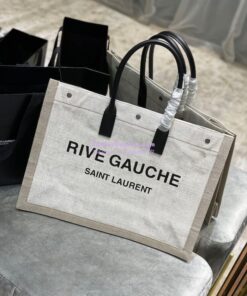 Replica YSL Saint Laurent Rive Gauche Tote Bag In Linen And Leather 499290 White 2