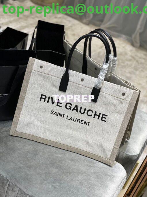 Replica YSL Saint Laurent Rive Gauche Tote Bag In Linen And Leather 499290 White 2