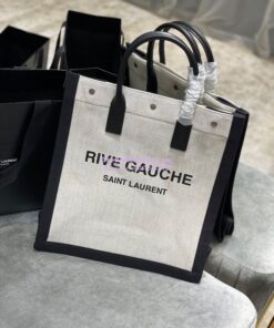 Replica YSL Saint Laurent Rive Gauche N/s Shopping Bag In Linen And Cotton 631682 White Black