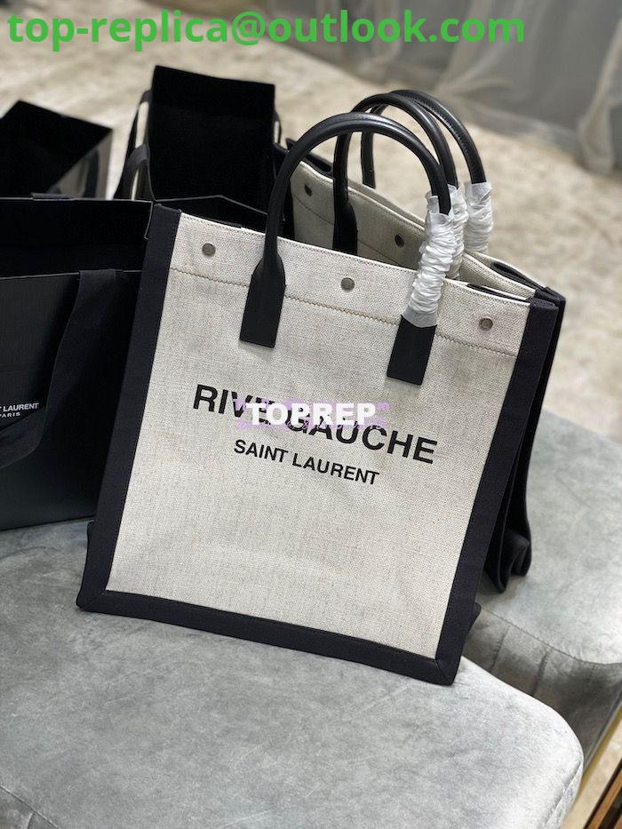 Replica YSL Saint Laurent Rive Gauche N/s Shopping Bag In Linen And Cotton 631682 White Black Replica YSL Saint Laurent Rive Gauche N/s Shopping Bag In Linen And Cotton 631682 White Black