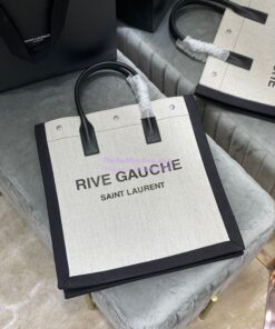 Replica YSL Saint Laurent Rive Gauche N/s Shopping Bag In Linen And Cotton 631682 White Black 2