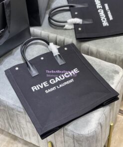 Replica YSL Saint Laurent Rive Gauche N/s Shopping Bag In Linen And Cotton 631682 Black 2