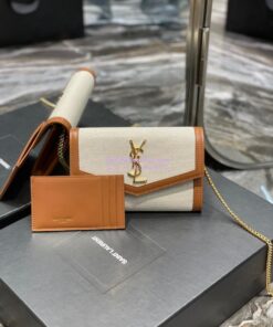 Replica YSL Saint Laurent Uptown Chain Wallet In Beige and Brown Canvas 6077881