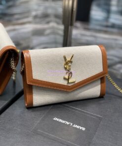 Replica YSL Saint Laurent Uptown Chain Wallet In Beige and Brown Canvas 6077881 2