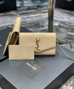 Replica YSL Saint Laurent Uptown Chain Wallet In Grain De Poudre Embossed Leather 6077881 Beige