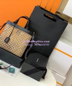 Replica YSL Saint Laurent Saint Laurent N/S Toy Shopping Bag in Woven Cane And Black Leather 6551612 2