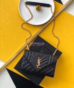 Replica YSL Envelope small bag in mix matelassé grain de poudre embossed leather 526286 black GHW