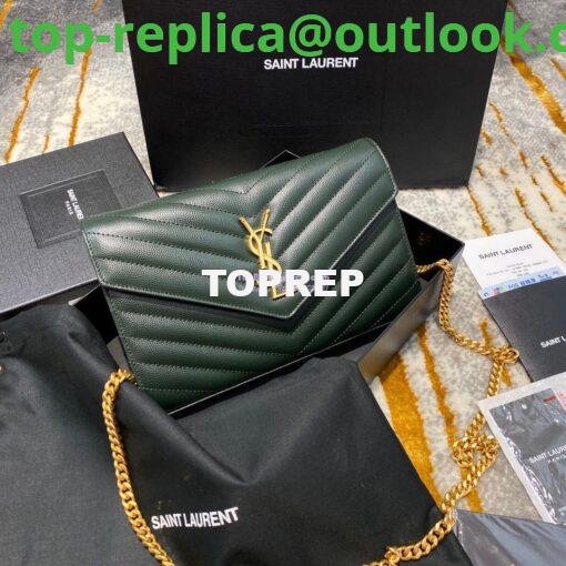 Replica YSL Saint Laurent Monogram Chain Wallet Grain De Poudre Textured Matelasse Leather Green