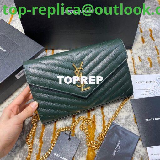 Replica YSL Saint Laurent Monogram Chain Wallet Grain De Poudre Textured Matelasse Leather Green 3