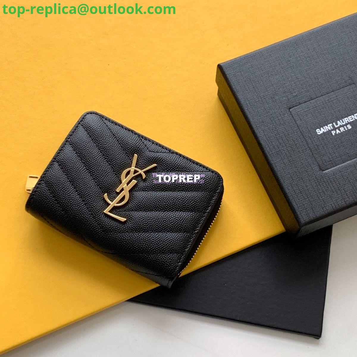 Replica YSL Saint Laurent Monogram compact zip around wallet in black grain de poudre embossed leather gold hardware Replica YSL Saint Laurent Monogram compact zip around wallet in black grain de poudre embossed leather gold hardware