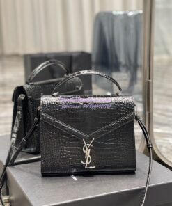 Replica YSL Saint Laurent Cassandra Medium Top Handle Bag In Shiny Crocodile-embossed Leather 578000 Black