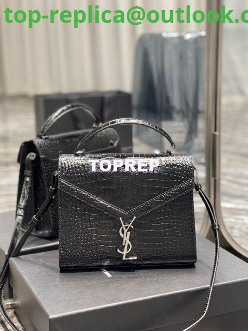 Replica YSL Saint Laurent Cassandra Medium Top Handle Bag In Shiny Crocodile-embossed Leather 578000 Black