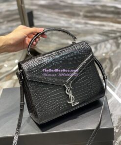 Replica YSL Saint Laurent Cassandra Medium Top Handle Bag In Shiny Crocodile-embossed Leather 578000 Black 2