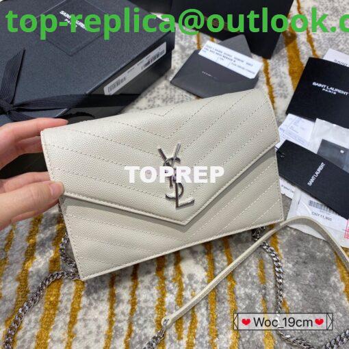 Replica YSL Saint Laurent Envelope Chain Wallet Grain De Poudre 393953 White in Silver Hardware 2