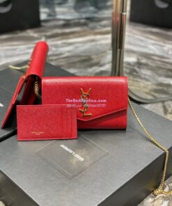 Replica YSL Saint Laurent Uptown Chain Wallet In Grain De Poudre Embossed Leather 6077881 Red