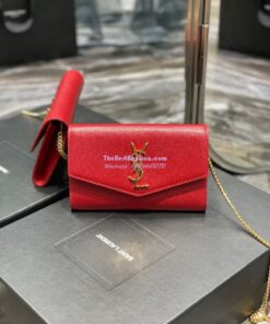 Replica YSL Saint Laurent Uptown Chain Wallet In Grain De Poudre Embossed Leather 6077881 Red 2