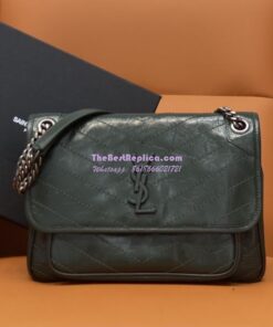 Replica YSL Saint Laurent Niki Chain Bag In Vintage Crinkled And Quilted Leather 498894 Dark Green