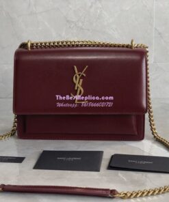 Replica YSL Saint Laurent Sunset Medium In Smooth Leather 442906 Dark Legion Red Gold Hardware