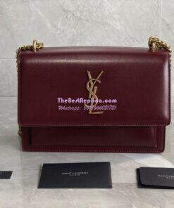 Replica YSL Saint Laurent Sunset Medium In Smooth Leather 442906 Dark Legion Red Gold Hardware 2