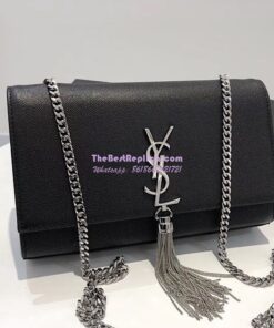 Replica YSL Saint Laurent Kate Bag With Tassel In Grain De Poudre Leather 354119 Black Silver Hardware