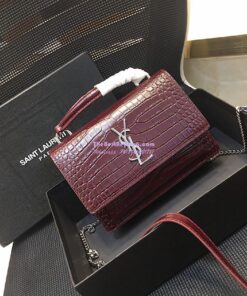 Replica Saint Laurent YSL Sunset Chain Wallet In Shiny Crocodile-embossed Leather 533026 Wine