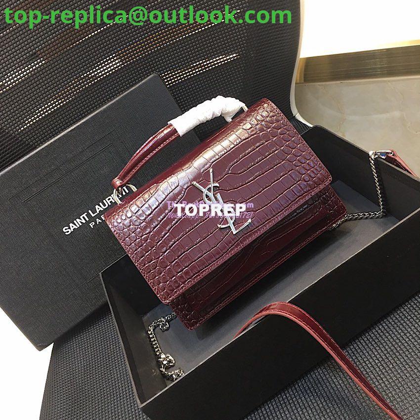 Replica Saint Laurent YSL Sunset Chain Wallet In Shiny Crocodile-embossed Leather 533026 Wine Replica Saint Laurent YSL Sunset Chain Wallet In Shiny Crocodile-embossed Leather 533026 Wine
