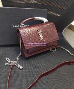 Replica Saint Laurent YSL Sunset Chain Wallet In Shiny Crocodile-embossed Leather 533026 Wine 2