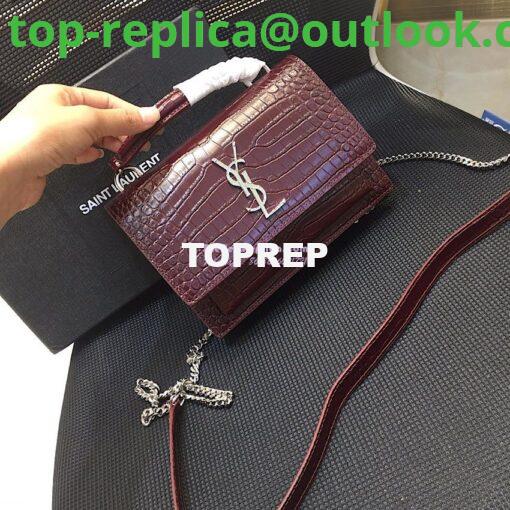 Replica Saint Laurent YSL Sunset Chain Wallet In Shiny Crocodile-embossed Leather 533026 Wine 3